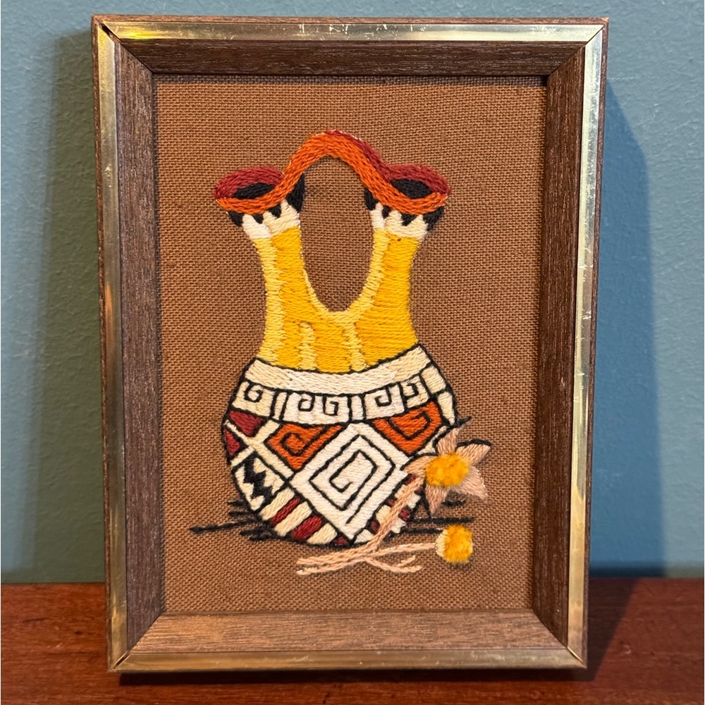 Vintage Handcrafted framed crewel embroidery Native American wedding vase 6x8”